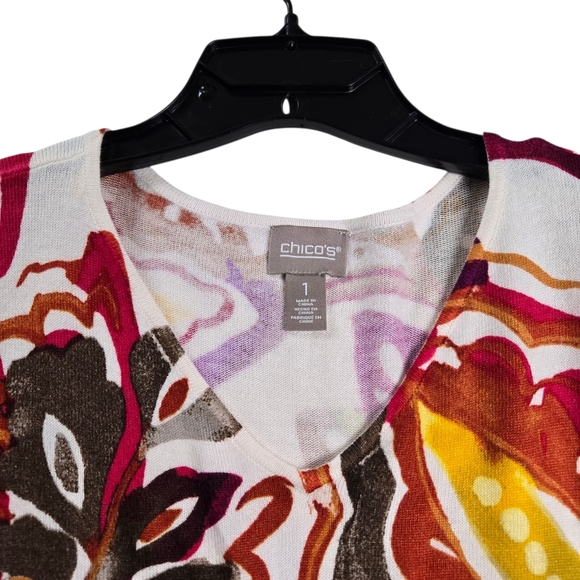 Chico's Watercolor Floral V-Neck Knit Sweater Touch of Cashmere - Picture 3 of 11